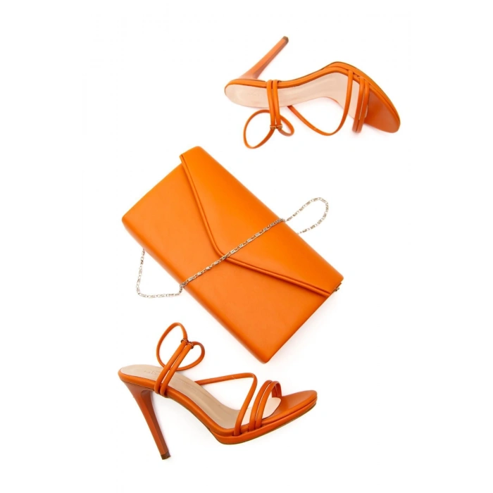 Kadın Yazlık 10 Cm Ince Topuklu Ayakkabı Ve Çanta Takımı Turuncu