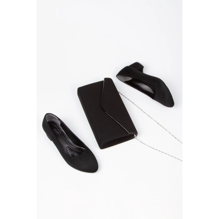 Kadın Siyah Süet Kısa Topuklu Stiletto Ayakkabı Çanta Takımı