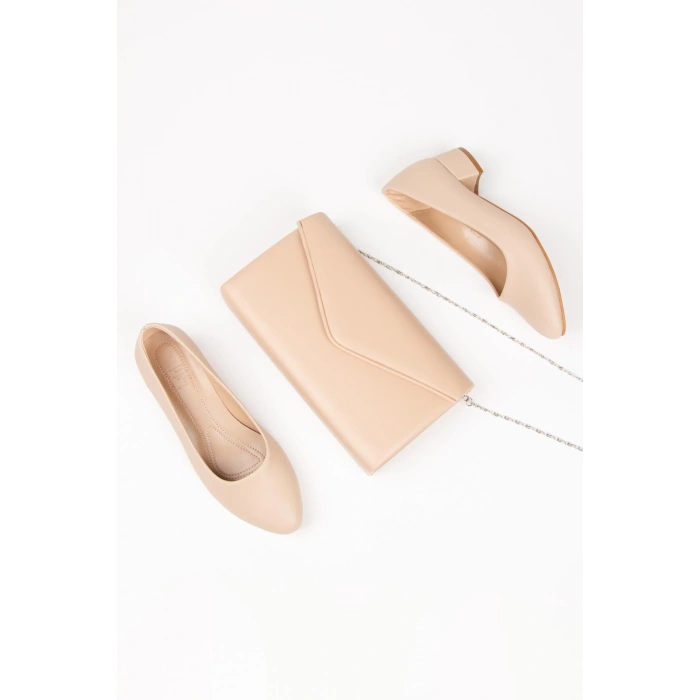 Kadın Nude Kısa Topuklu Stiletto Ayakkabı Çanta Takımı