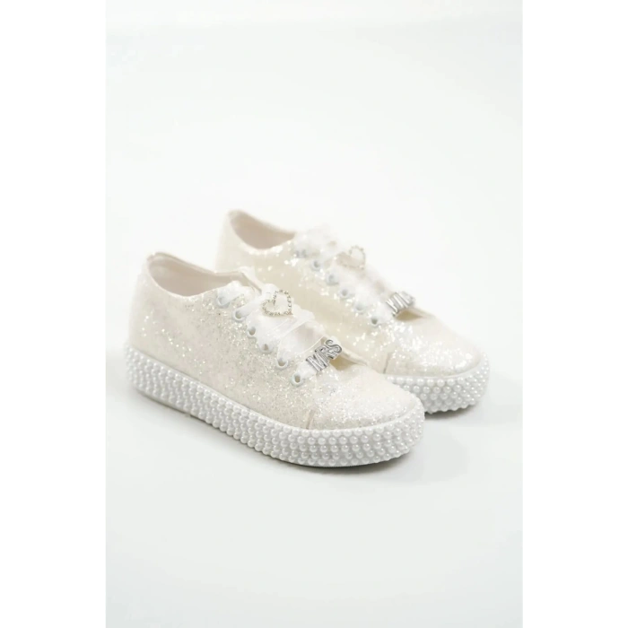 Kadın Inci Taş Işlemeli Isme Özel Spor Tarz Gelinlik Ayakkabı