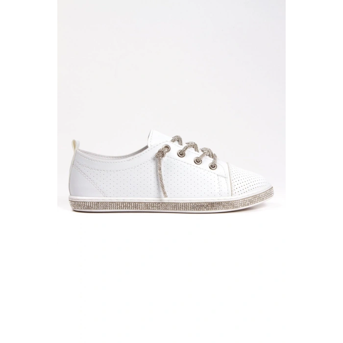 Kadın Beyaz Taşlı Bağcık Şık Spor Ayakkabı