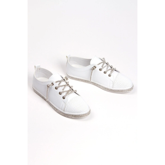 Kadın Beyaz Taşlı Bağcık Şık Spor Ayakkabı