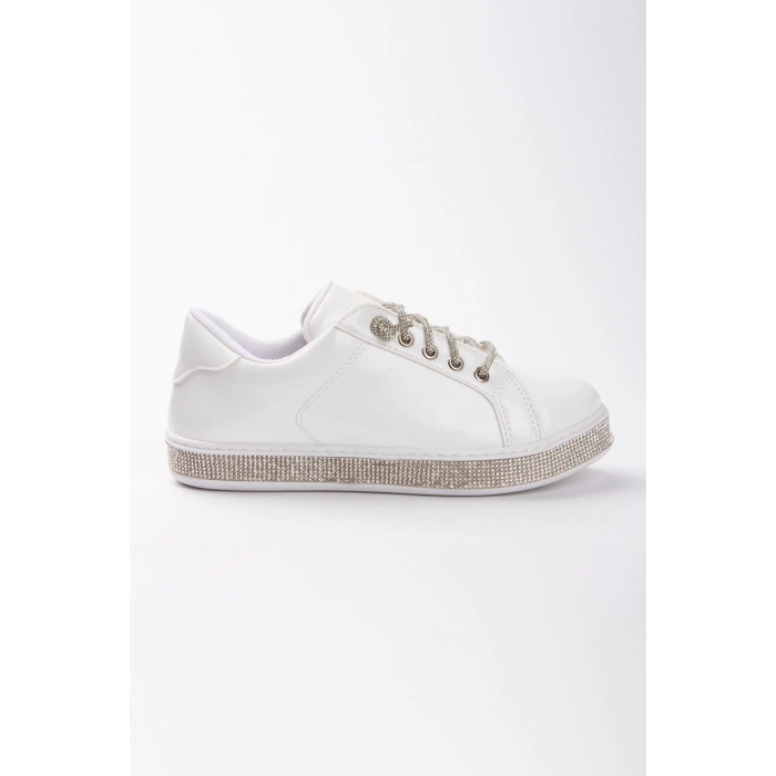 Kadın Beyaz Rugan Taşlı Bağcık Şık Spor Ayakkabı