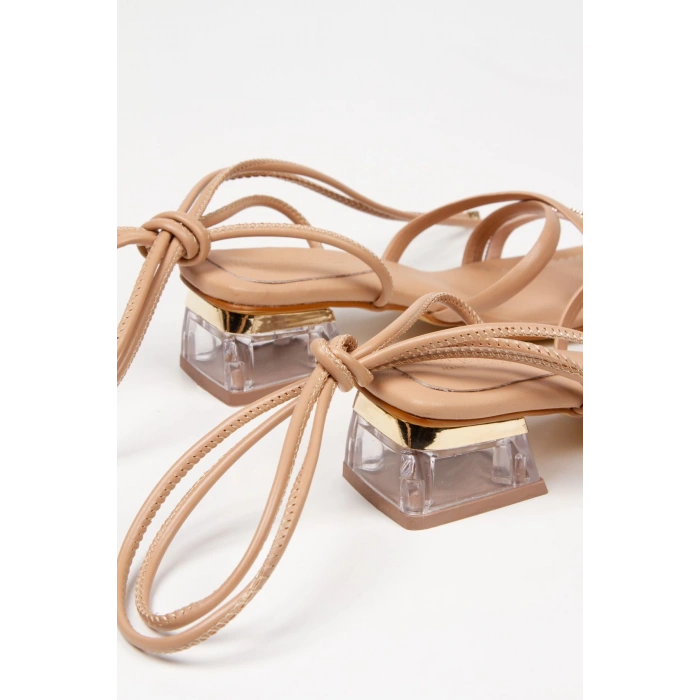 Kadın Nude Bilekten Bağlamalı Tarz Topuklu Taşlı Abiye Ayakkabı