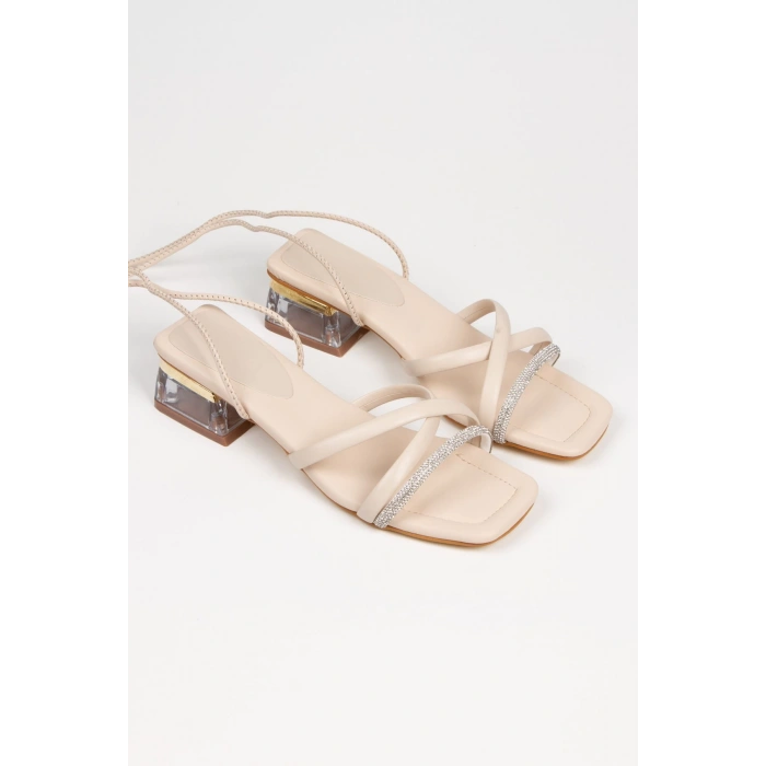 Kadın Bej Bilekten Bağlamalı Tarz Topuklu Taşlı Abiye Ayakkabı