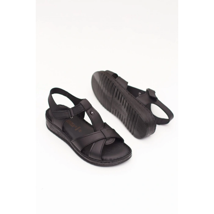 Kadın Siyah Hakiki Deri Comfort Yumuşak Tabanlı Ortopedik Sandalet