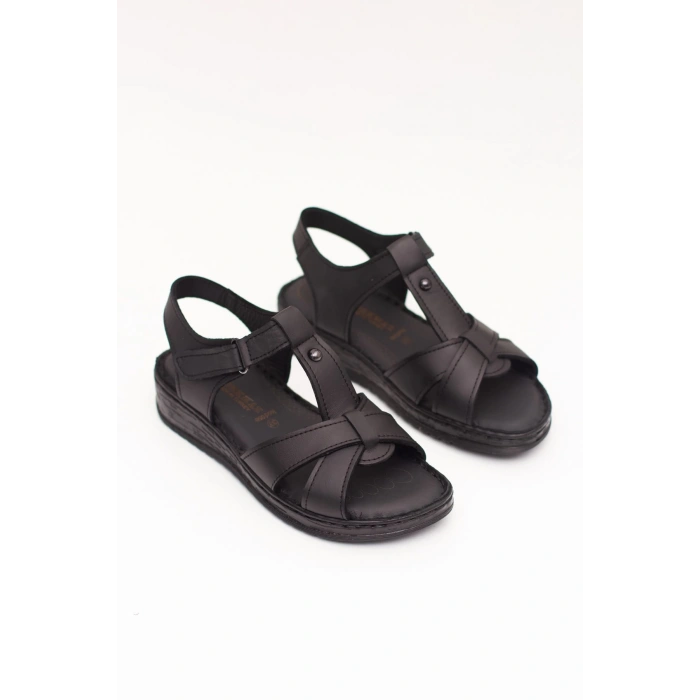 Kadın Siyah Hakiki Deri Comfort Yumuşak Tabanlı Ortopedik Sandalet