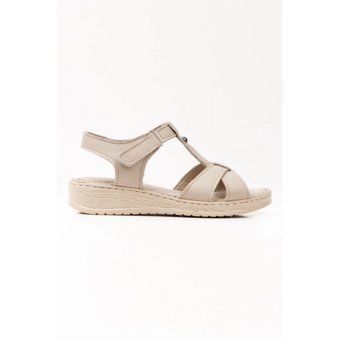 Kadın Bej Hakiki Deri Comfort Yumuşak Tabanlı Ortopedik Sandalet