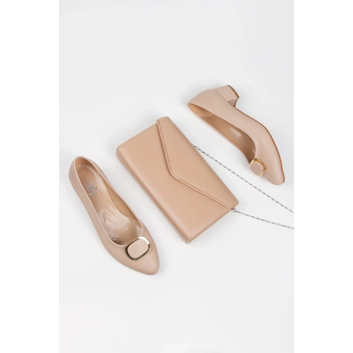 Kadın Kısa Topuklu Şık Tokalı Günlük Ayakkabı Ve Çanta Takımı Nude