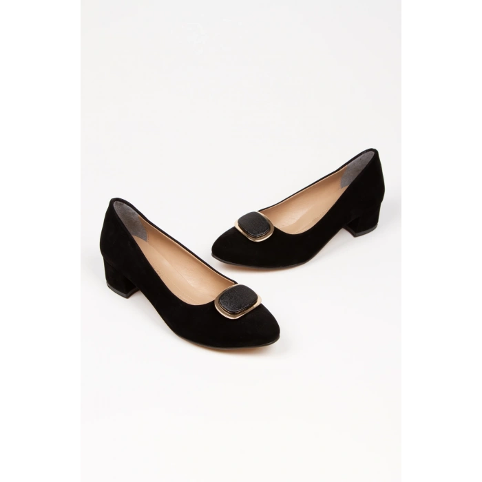 Kadın Kısa Topuklu Şık Tokalı Günlük Ayakkabı Ve Çanta Takımı Siyah Süet