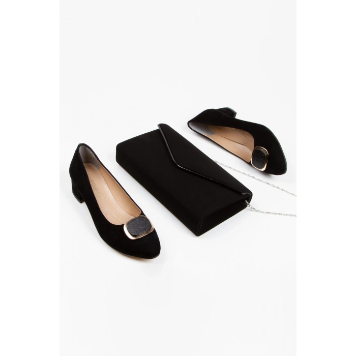 Kadın Kısa Topuklu Şık Tokalı Günlük Ayakkabı Ve Çanta Takımı Siyah Süet
