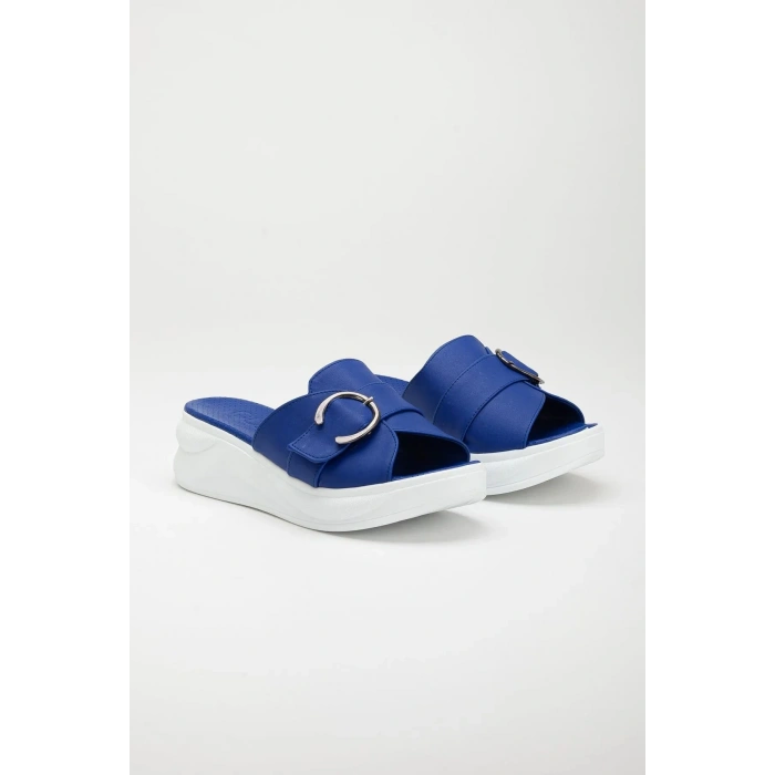 Kadın Mavi Kalın Topuklu Tokalı Terlik