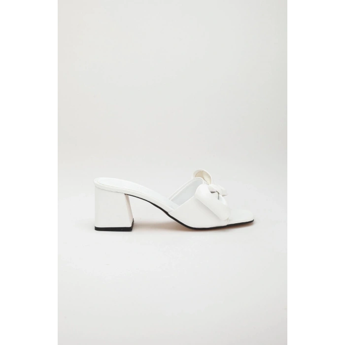 Kadın Beyaz Papyonlu 5 Cm Topuklu Terlik