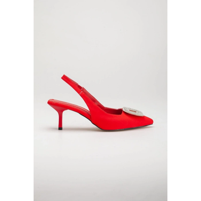 Kadın Kırmızı Saten Tokalı Ince Topuklu Ayakkabı