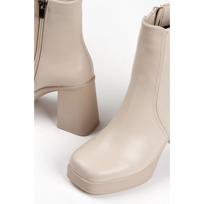 Kadın Bej Yüksek Topuklu Fermuarlı Bot