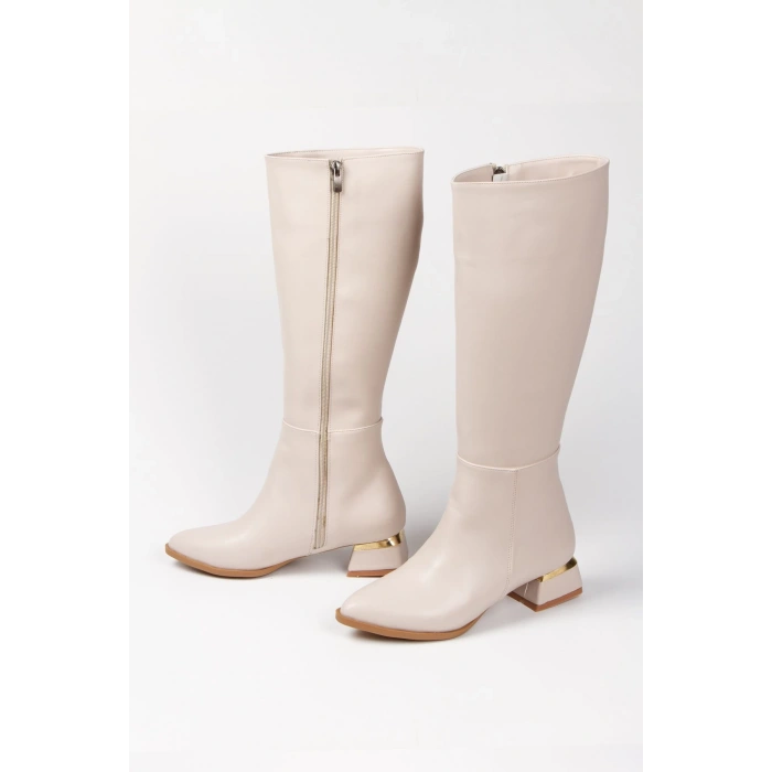 Kadın Bej Tarz Topuklu Sivri Burunlu Çizme