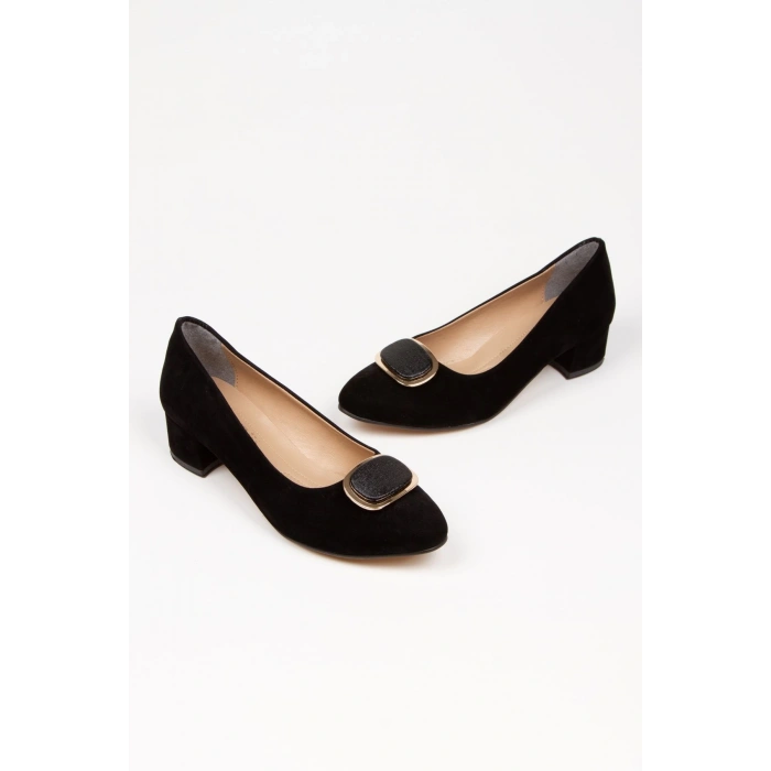 Kadın Siyah Süet Şık Tokalı Kısa Topuklu Babet