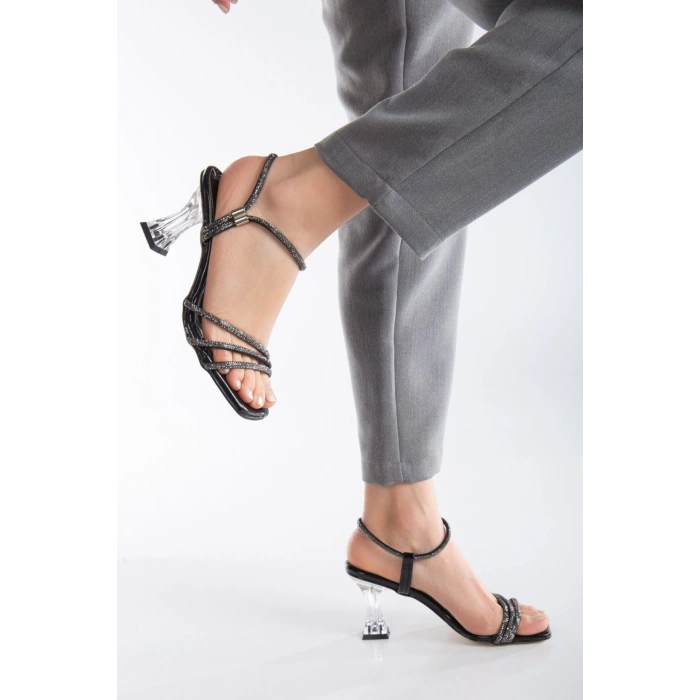 Kadın Şeffaf Topuklu Taşlı Abiye Ayakkabı Siyah Rugan