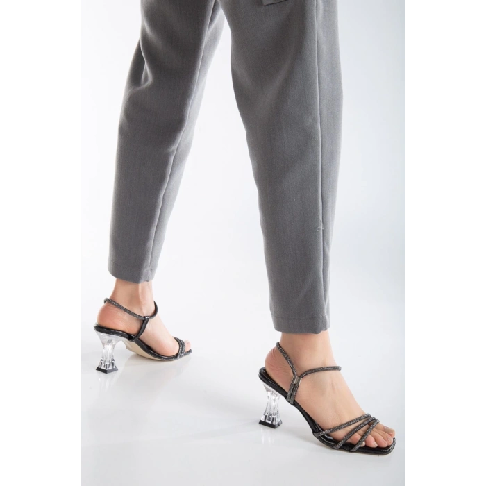 Kadın Şeffaf Topuklu Taşlı Abiye Ayakkabı Siyah Rugan