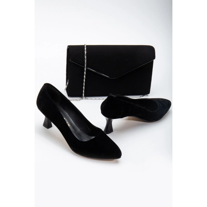 Kadın 5 cm Topuklu Stiletto ve Çanta Takımı Siyah Süet