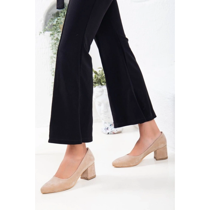 5 cm Kalın Topuk Stiletto Çanta Takımı Ten Süet