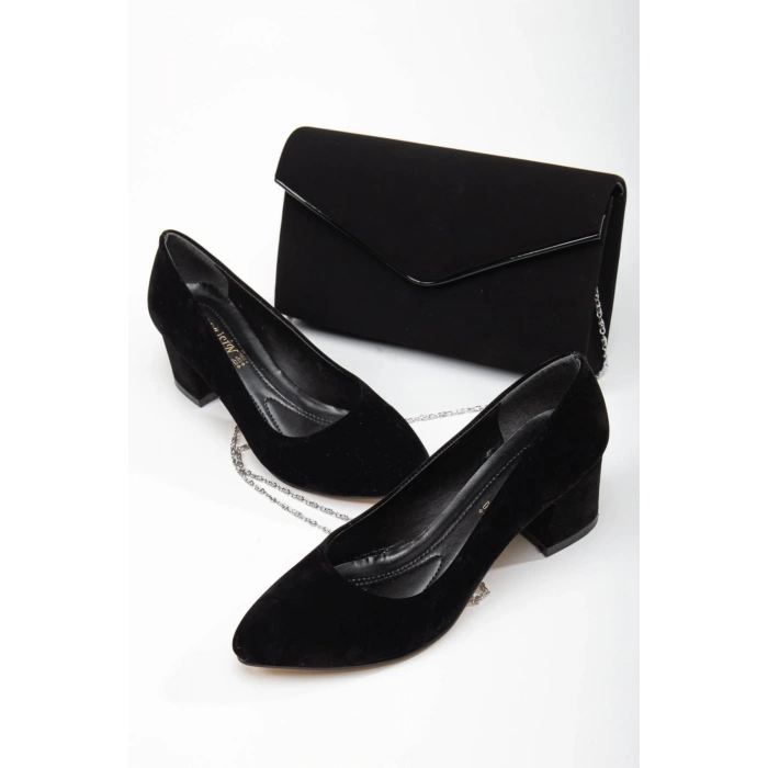 5 cm Kalın Topuk Stiletto Çanta Takımı Siyah Süet