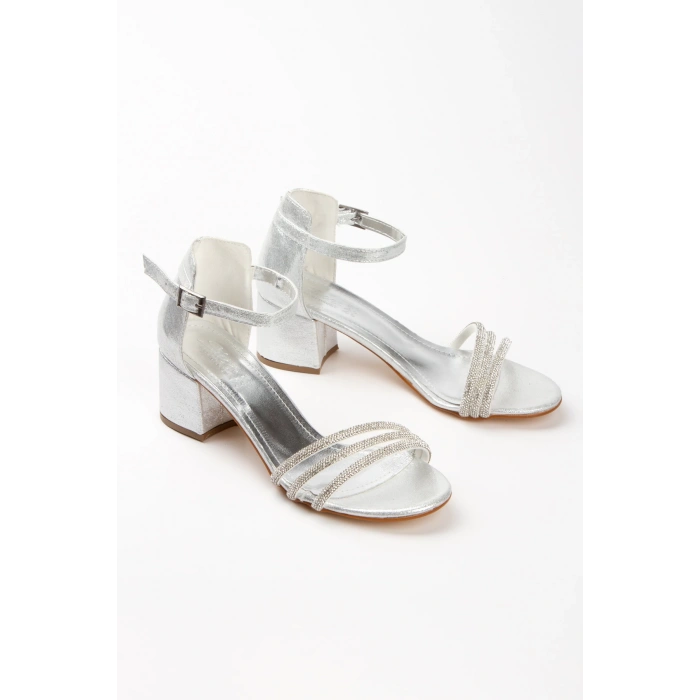 Gümüş Arkası Kapalı Taş İşleme Kalın Topuklu Ayakkabı