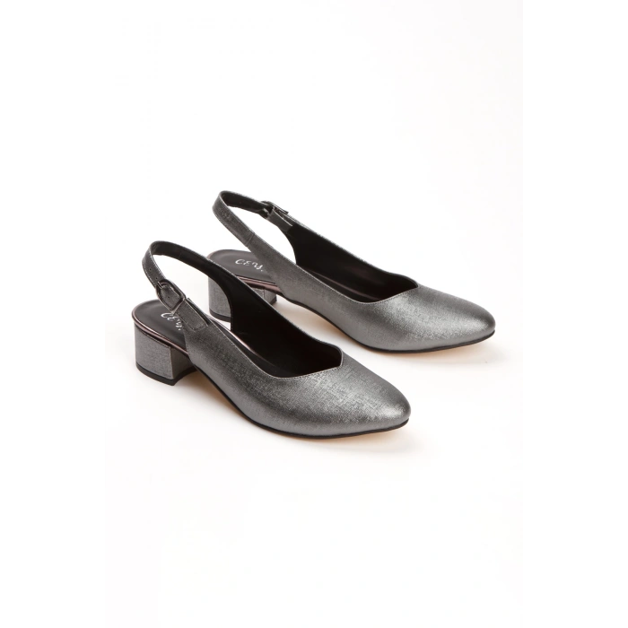 Günlük 3 cm Kısa Kalın Topuklu Ayakkabı Platin