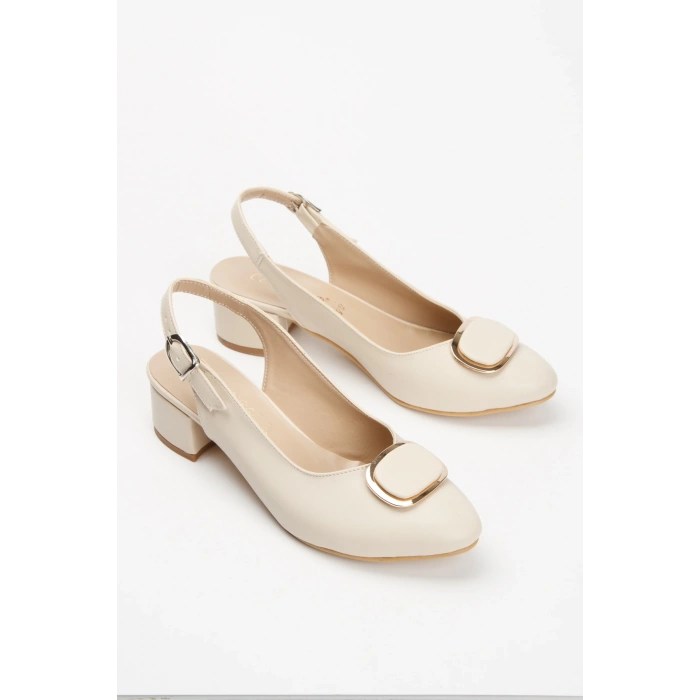 Günlük 3 cm Kısa Kalın Topuklu Tokalı Ayakkabı Bej