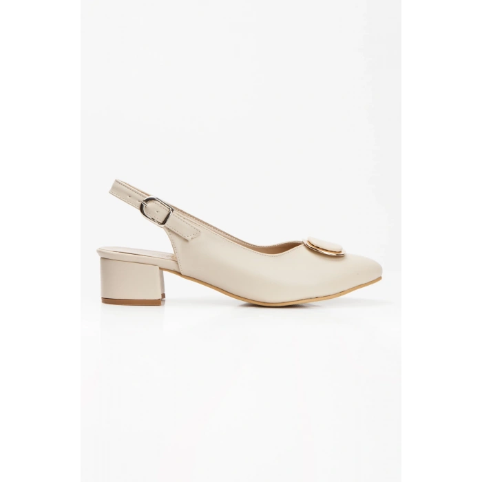 Günlük 3 cm Kısa Kalın Topuklu Tokalı Ayakkabı Bej