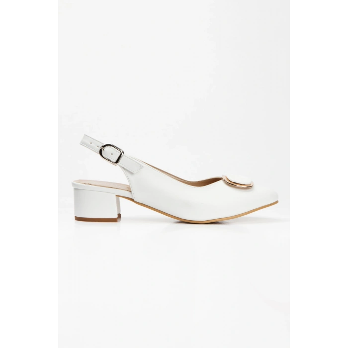 Günlük 3 cm Kısa Kalın Topuklu Tokalı Ayakkabı Beyaz