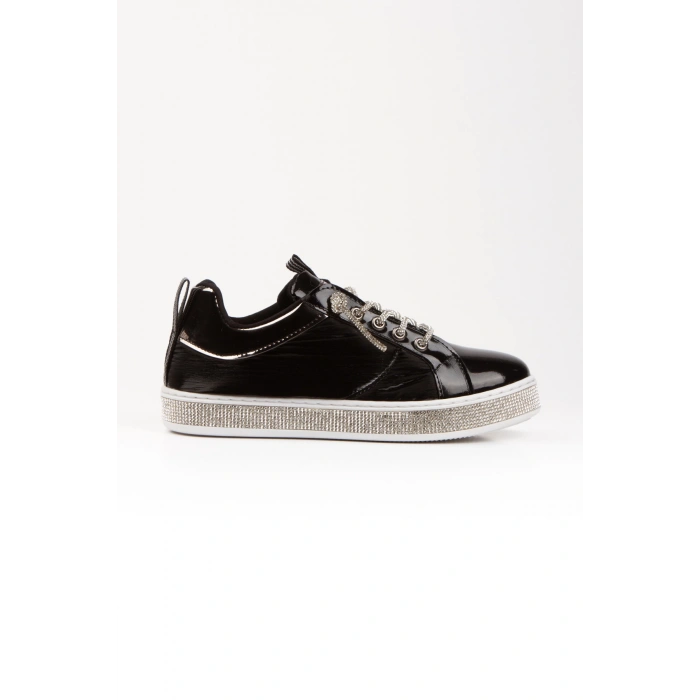 Kadın Özel Üretim Taşlı Bağcık Spor Ayakkabı Siyah