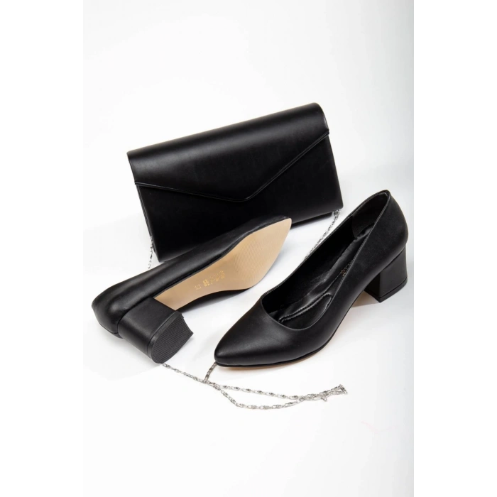 5 cm Kalın Topuk Stiletto Çanta Takımı Siyah