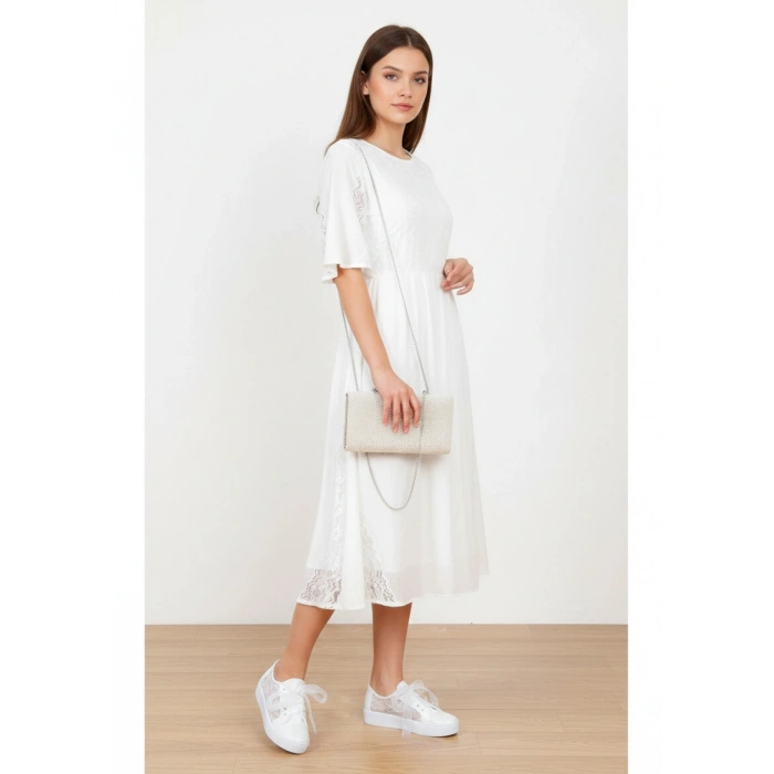 Kadın Beyaz Dantelli Alçak Tabanlı Gelinlik Ayakkabı ve Çanta Takımı