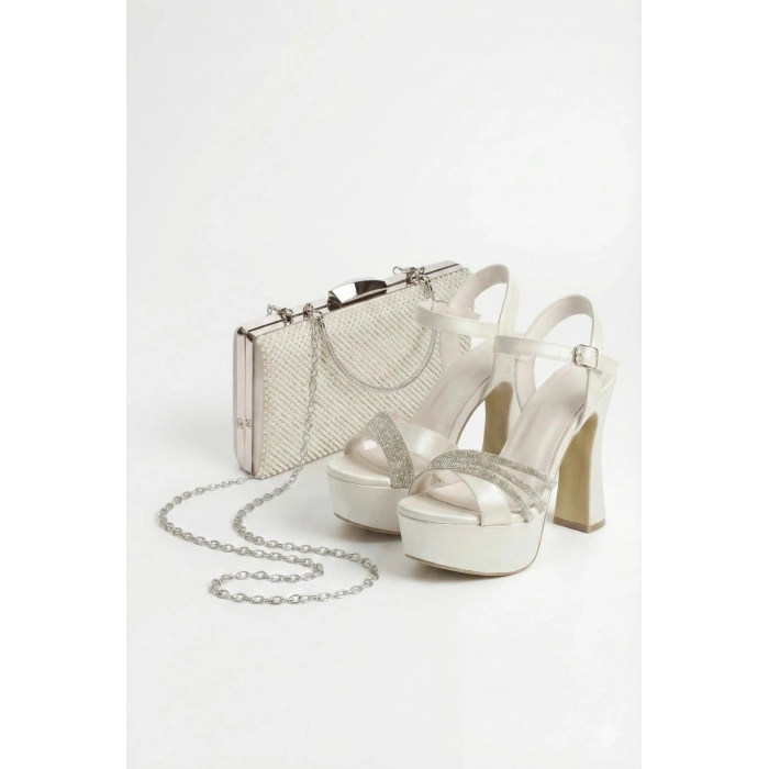 Kadın Taşlı Platformlu Abiye Ayakkabı ve Çanta Takımı Sedef