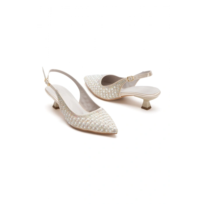 Kadın Kısa Topuklu İncili Gelinlik Abiye Ayakkabı Ten