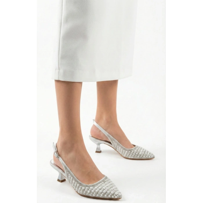 Kadın Kısa Topuklu İncili Gelinlik Abiye Ayakkabı Gümüş