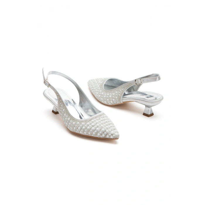 Kadın Kısa Topuklu İncili Gelinlik Abiye Ayakkabı Gümüş