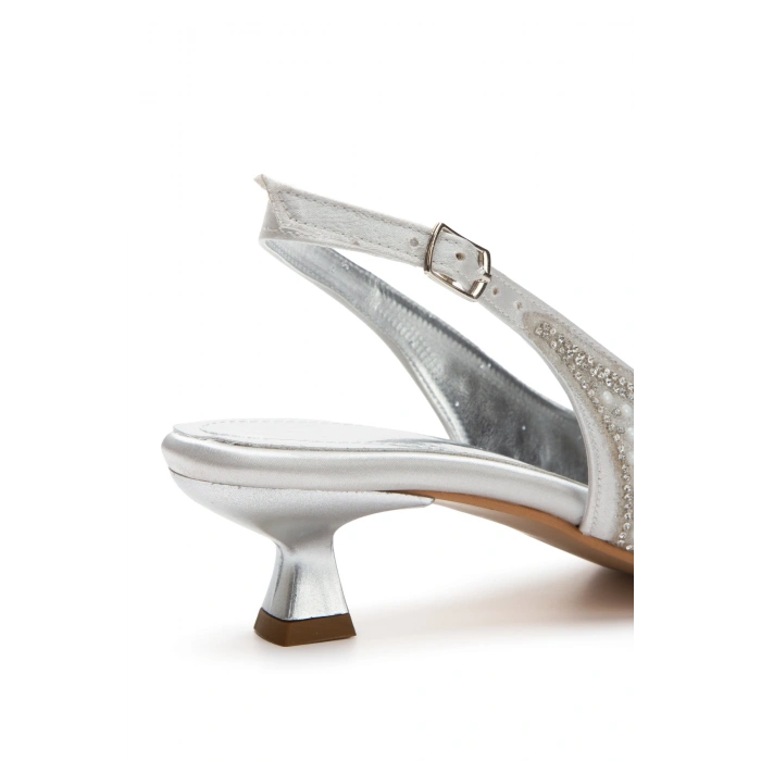 Kadın Kısa Topuklu İncili Gelinlik Abiye Ayakkabı Gümüş