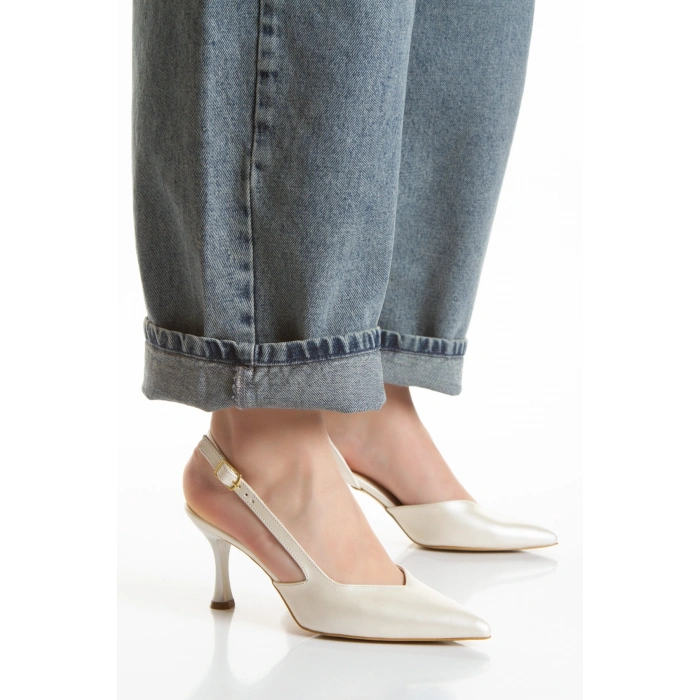 Sivri Burunlu Arkası Açık İnce Topuklu Stiletto Ve Çanta Takımı Sedef