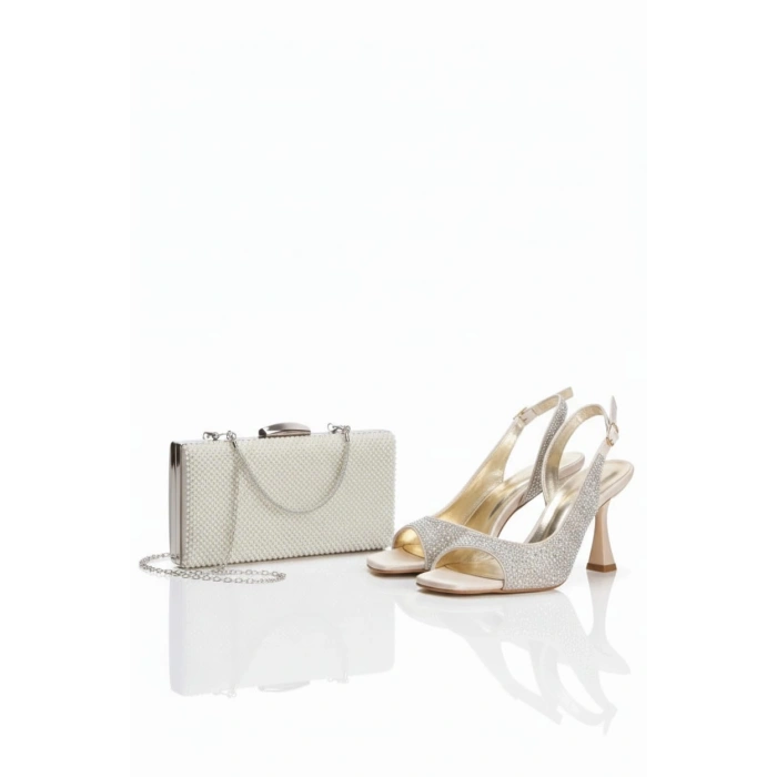 Kadın İncili Abiye Gelinlik Ayakkabı ve Çanta Takımı Altın