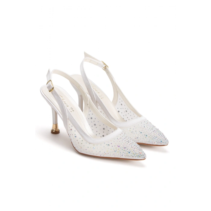 Kadın Sedef Taşlı Şeffaf Fileli Abiye Ayakkabı ve Çanta Takımı