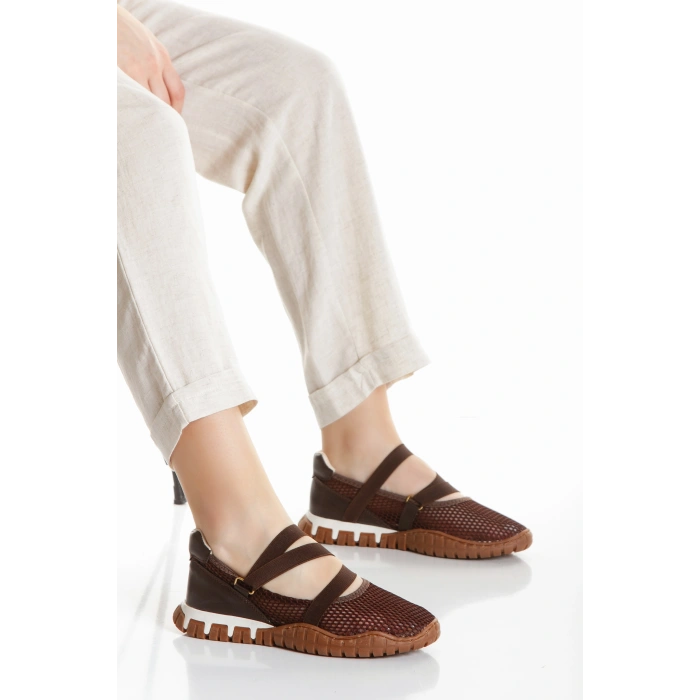 Kadın Kahverengi Fileli Ortopedik Taban Cırtlı Babet Spor Ayakkabı