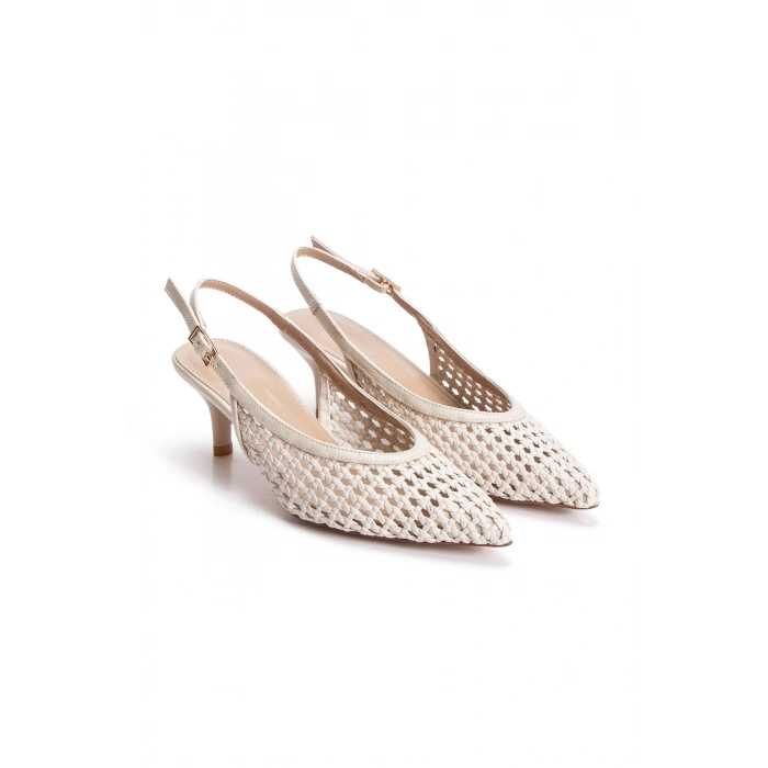 Kadın Krem Hasır Örgü Detaylı Kısa Topuklu Ayakkabı