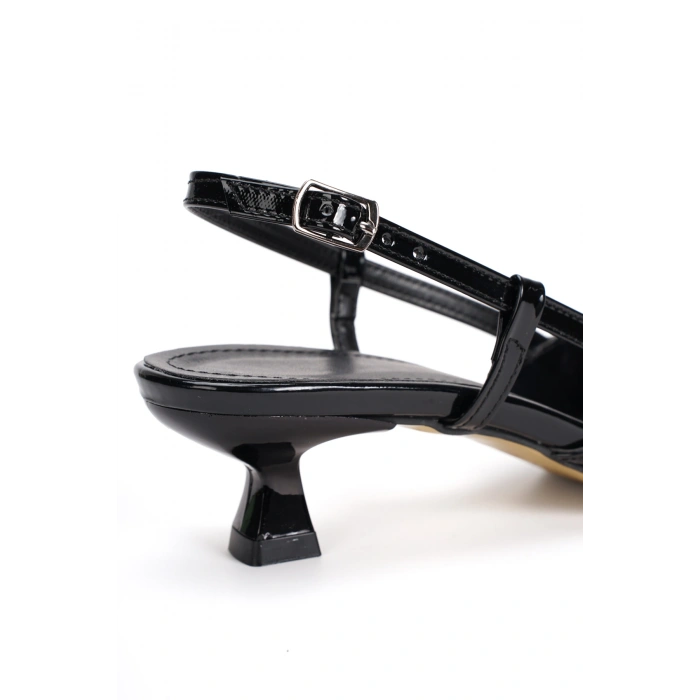 Siyah Metalik Sivri Burun Alçak Topuklu Kadın Abiye Ayakkabı