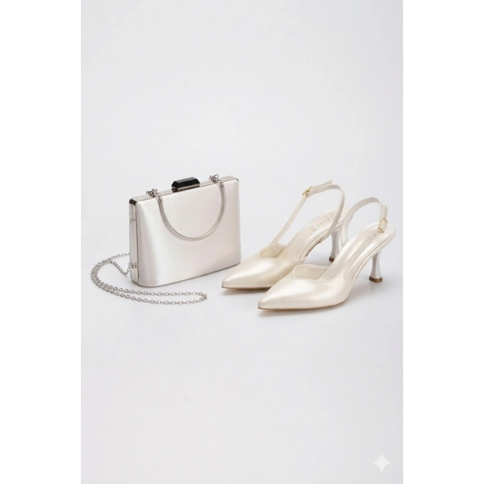 Sivri Burunlu Arkası Açık İnce Topuklu Stiletto Ve Çanta Takımı Sedef