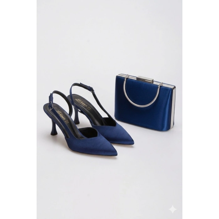Sivri Burunlu Arkası Açık İnce Topuklu Stiletto Ve Çanta Takımı Lacivert