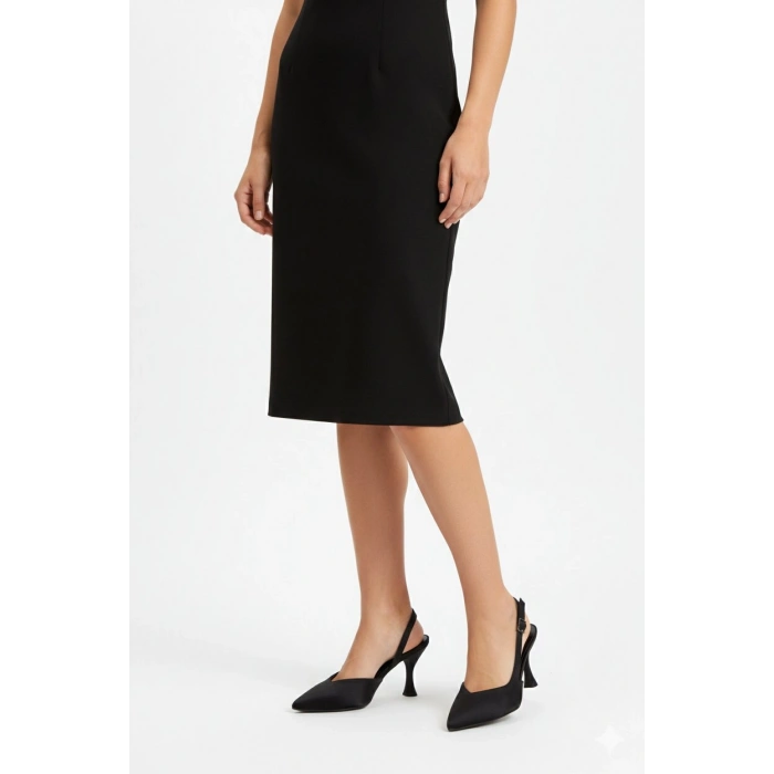 Sivri Burunlu Arkası Açık İnce Topuklu Stiletto Ve Çanta Takımı Siyah Saten