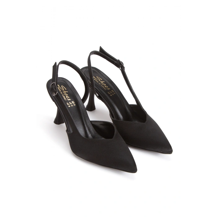 Sivri Burunlu Arkası Açık İnce Topuklu Stiletto Ve Çanta Takımı Siyah Saten