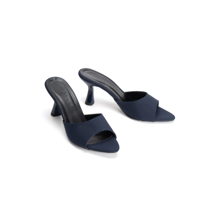 Lacivert Saten Tek Bantlı Özel Üretim Kalın Topuklu Terlik